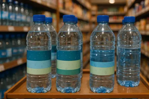 Plusieurs bouteilles d'eau demineralisee alignées sur une étagère, avec des étiquettes bleues et vertes.
