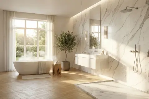 Une élégante salle de bain marbre avec baignoire, douche, lavabo suspendu et un petit olivier. Lumière naturelle douce.