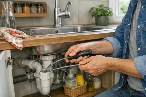 Un homme utilise un furet pour déboucher une canalisation sous un évier. Il manipule l'outil avec soin pour résoudre le problème.