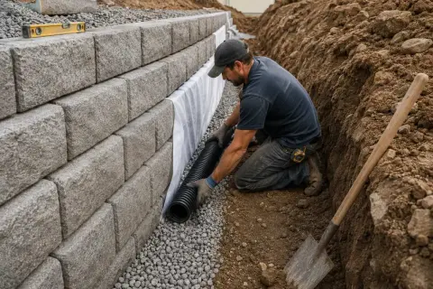 Un ouvrier installe une canalisation eaux usées enterrée le long d'un mur de soutènement en blocs de béton.