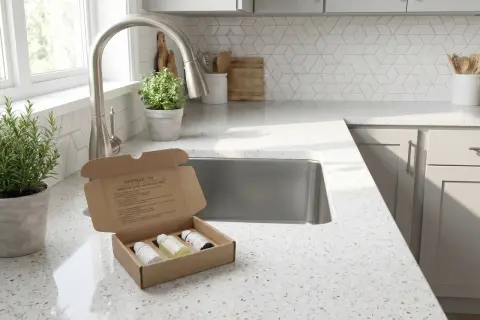 Kit de test pour mesurer le pH de l'eau dure. Trois flacons sont dans une boîte ouverte sur un comptoir de cuisine.