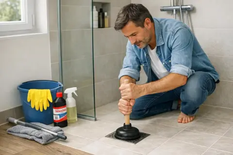 Un homme utilise une ventouse pour comment deboucher douche. Des gants, un seau et des produits de nettoyage sont à proximité.