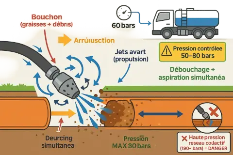 Débouchage d'une canalisation bouchée fosse septique par jet d'eau haute pression. Le jet avant propulse et le jet arrière aspire les débris.