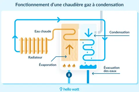 Schéma illustrant le fonctionnement d'une chaudière gaz à condensation, montrant le circuit de l'eau chaude vers le radiateur, l'évaporation et la condensation.
