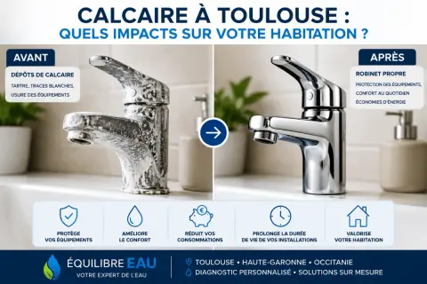 Robinet entartré avant, propre après. L'eau calcaire, un danger pour votre habitation, cause usure et traces.