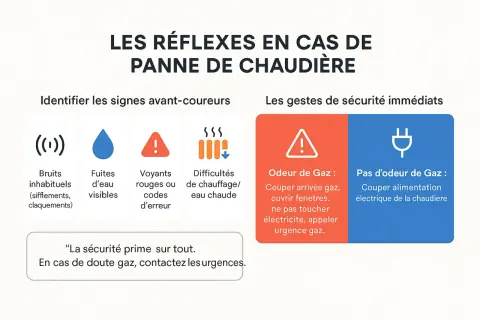 Guide pour redémarrer une chaudière en sécurité : identifier les signes avant-coureurs (bruits, fuites, voyants rouges) et les gestes immédiats (odeur de gaz ou non).