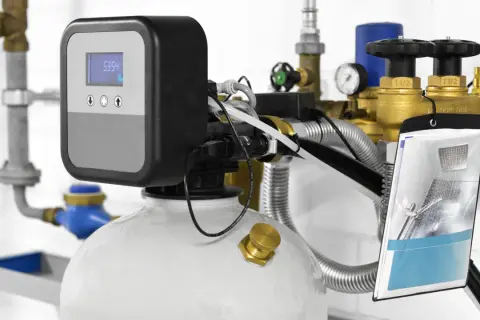 Système d'adoucisseur d'eau moderne avec écran numérique. Idéal pour une famille de 4 personnes, il assure une eau de qualité.