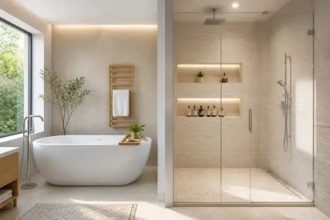 Salle de bain moderne avec baignoire îlot et douche vitrée. Une belle idée pour une salle de bain douche et baignoire combinées.