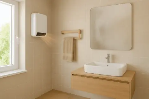 Un appareil blanc diffuse de la chaleur pour chauffer la salle de bain. Une serviette est suspendue à un porte-serviettes en bois.
