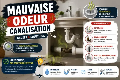 Sous un évier de cuisine, la tuyauterie dégage des fumées vertes. L'image explique les causes des mauvaises odeurs de canalisation.
