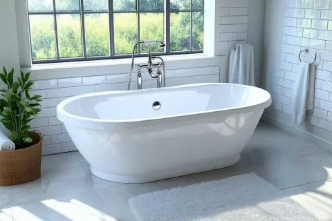 Baignoire îlot blanche, robinetterie chromée, devant une grande fenêtre avec vue sur la verdure. Une plante et des serviettes complètent cette pose baignoire semi ilot.