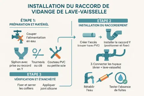 Schéma d'installation du raccord de vidange évier et lave-vaisselle. Étapes de préparation, raccordement et vérification.