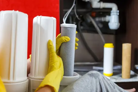 Mains de gant jaune insérant un filtre dans un système de filtration d'eau, étape du détassage adoucisseur.