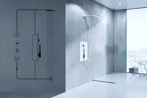 Schéma d'une douche moderne avec un système de douche recyclage eau. L'image montre le fonctionnement d'une douche à effet pluie et d'une douchette, avec des icônes pour le contrôle de la température et du débit.