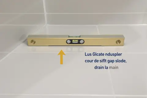 Niveau à bulle doré sur carrelage blanc, vérifiant la pente de la canalisation de la salle de bain pour un bon drainage.