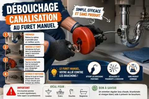 Utilisation d'un furet manuel pour débloquer un tuyau qui était obstrué. L'outil permet d'atteindre et de désagréger les bouchons.