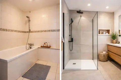 Avant/après : une transformation de salle de bain pour changer une baignoire en douche moderne et spacieuse.