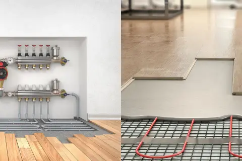 Système de chauffage par le sol : le réglage température plancher chauffant est assuré par un collecteur et des tuyaux intégrés sous le parquet.