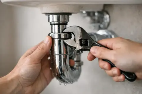 Main tenant utilise une clé pour récupérer un objet dans la canalisation sous un lavabo.