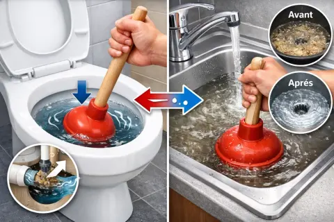 Utilisation d'une ventouse pour le débouchage de canalisation dans une toilette et un évier. Avant/Après montre l'efficacité.