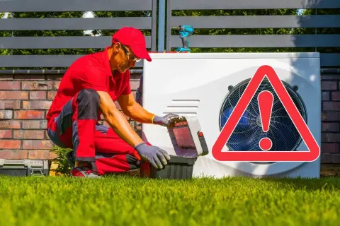 Un technicien en rouge ouvre sa boîte à outils près d'une pompe à chaleur. Un panneau d'avertissement rouge indique que ma pompe à chaleur se met en sécurité.