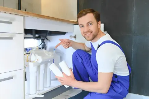 Un technicien souriant montre les cartouches pour une installation filtre à eau maison sous un évier.