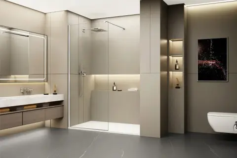 Salle de bain moderne avec une douche italienne et une baignoire côte à côte, un lavabo suspendu et un miroir lumineux.
