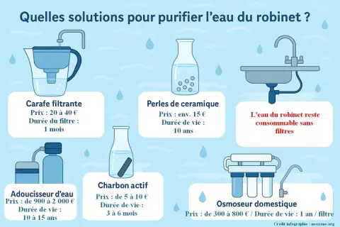Diverses méthodes pour comment filtrer l'eau du robinet : carafe, perles céramique, charbon actif, adoucisseur, osmoseur.