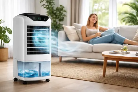 Un climatiseur sans sortie extérieure diffuse une brise fraîche. Une femme détendue sur un canapé profite du confort.