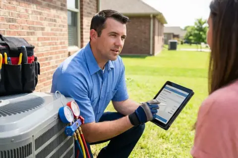Technicien expliquant le tarif dépannage climatisation sur une tablette à un client, près d'une unité extérieure.