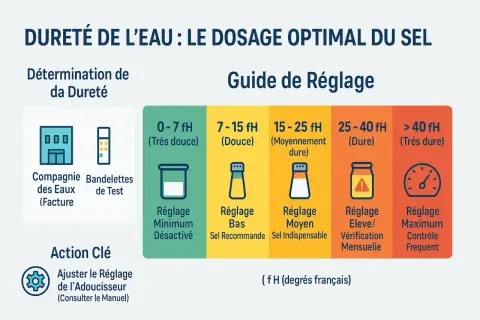 Guide de réglage du sel pour l'eau dure ou douce, avec des indications pour différents niveaux de dureté de l'eau (fH).