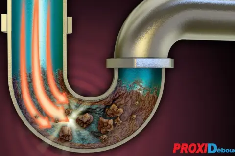 La soude pour déboucher dissout les bouchons dans un siphon de canalisation. Des flèches rouges indiquent le flux du produit.