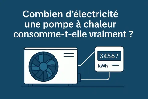 Une pompe à chaleur électrique et un compteur affichant 34567 kWh. L'image interroge sur la consommation réelle de cet appareil.