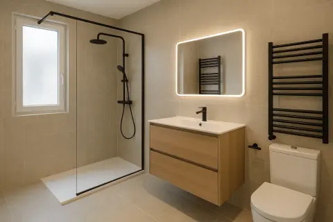 Salle de bain fonctionnelle avec douche, meuble vasque en bois, miroir lumineux et radiateur noir.