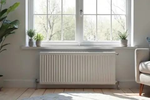 Un radiateur blanc sous une fenêtre ensoleillée, avec des plantes vertes. Faut-il changer les radiateurs avec une pompe à chaleur pour un chauffage plus écologique ?