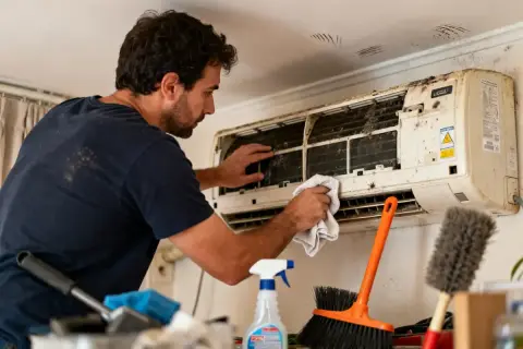 Un homme nettoie une climatisation très sale. L'entretien climatisation locataire est essentiel pour la santé.