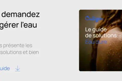 Le guide Culligan sur l'eau dure présente des solutions pour gérer l'eau calcaireuse. La peau mouillée illustre le problème.