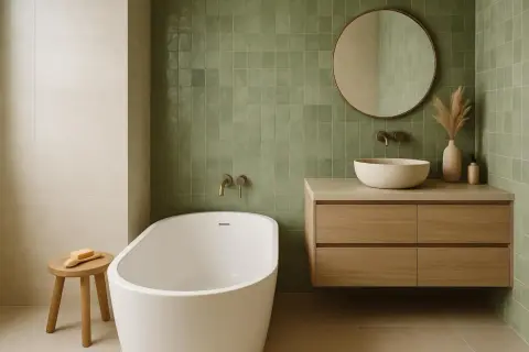 Salle de bain moderne avec baignoire îlot, vasque en pierre et murs recouverts de carreaux verts, une belle inspiration salle de bain zellige.