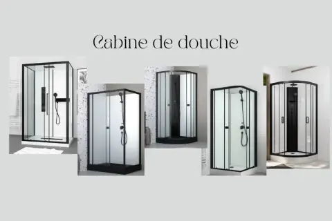 Cinq modèles de cabine de douche modernes avec cadres noirs et parois en verre. Idéal pour changer votre salle de bain.