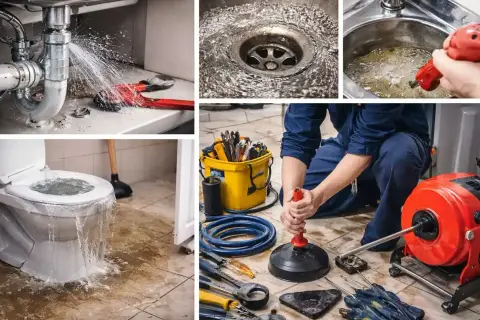 Fuite sous un évier, toilettes débordantes, drain bouché. Un plombier utilise des outils pour réparer la canalisation de la maison.