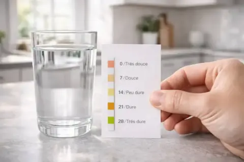 Test de dureté de l'eau : une bandelette réagit avec le verre d'eau, indiquant la présence de calcaire et de calcium.
