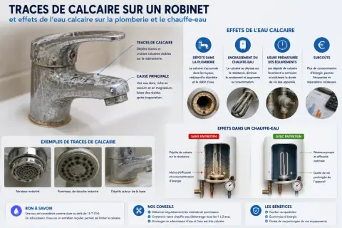 Robinet entartré par une eau agressive ou calcaire, montrant des dépôts blancs et des croûtes. L'image illustre les effets néfastes du calcaire sur la plomberie et les appareils.