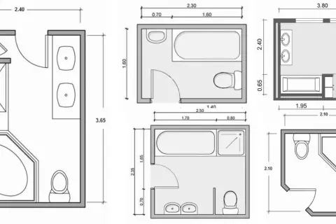Plans d'aménagement salle de bain : douches, baignoires, lavabos et WC représentés avec leurs dimensions pour optimiser l'espace.